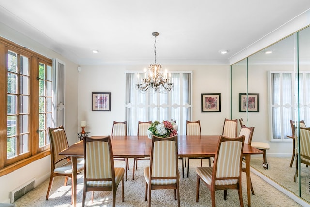400 Selborne Rd, Riverside, IL 60546 - dining room with a chandelier, light carpet, crown molding, and recessed lighting