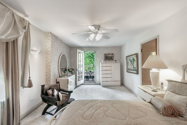 400 Selborne Rd, Riverside, IL 60546 - carpeted bedroom with access to exterior, wallpapered walls, and a ceiling fan