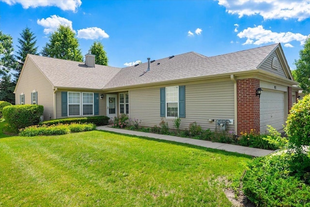 93 W Essington Dr Unit 93, Round Lake, IL 60073 - ranch-style home with a chimney, a front yard, a garage, and a shingled roof