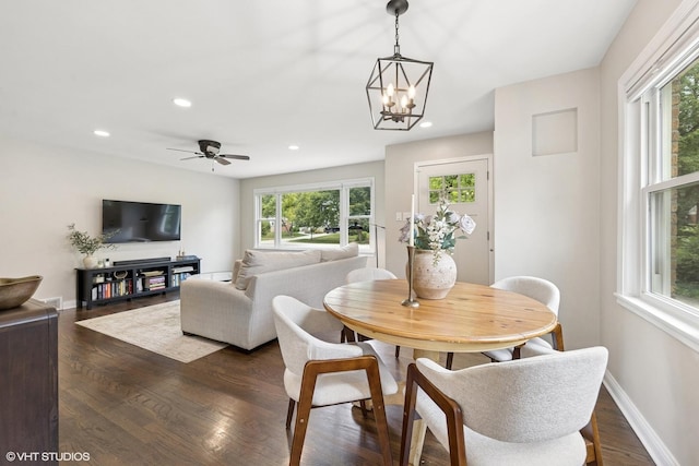 588 Glendale Ave, Glen Ellyn, IL 60137 - dining area with dark wood-type flooring, recessed lighting, a chandelier, and ceiling fan