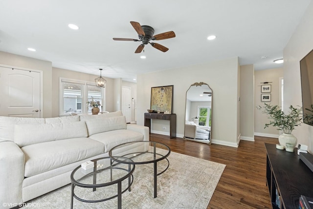 588 Glendale Ave, Glen Ellyn, IL 60137 - living room featuring recessed lighting, plenty of natural light, ceiling fan, and dark wood-style flooring