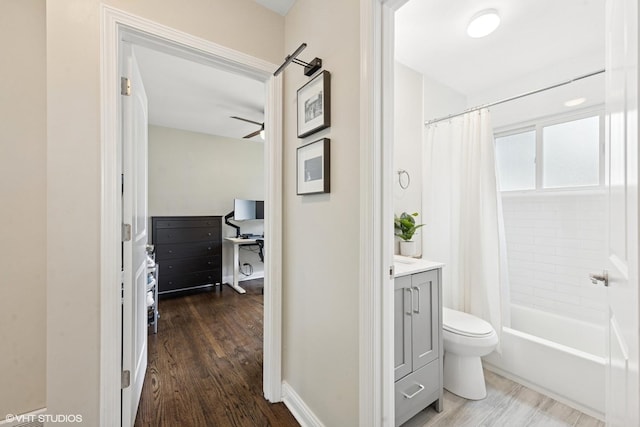 588 Glendale Ave, Glen Ellyn, IL 60137 - bathroom featuring wood finished floors, vanity, shower / bathtub combination with curtain, and a ceiling fan