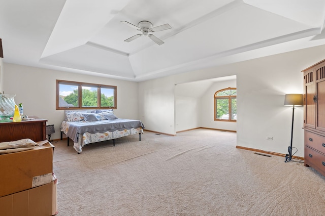 2301 Kerry Ln, Darien, IL 60561 - bedroom featuring a raised ceiling, light colored carpet, and a ceiling fan