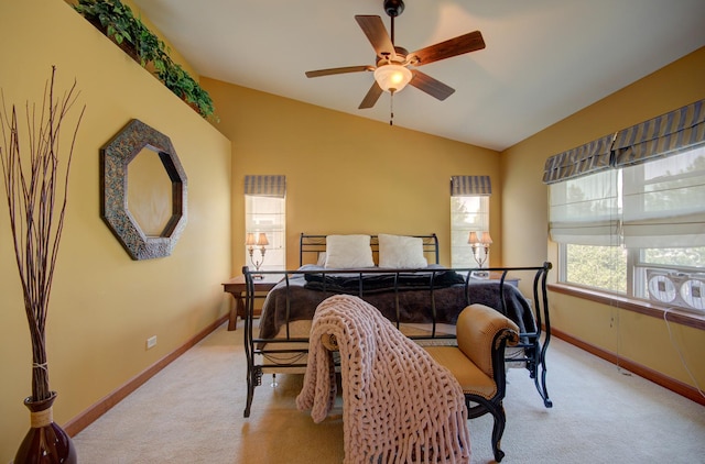 381 Chesapeake Ln, Oswego, IL 60543 - bedroom with light carpet, lofted ceiling, and a ceiling fan
