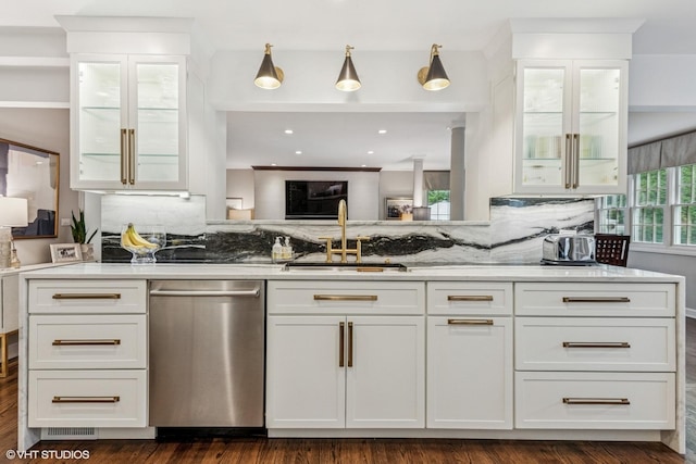 261 Woodstock Ave, Glen Ellyn, IL 60137 - kitchen featuring dishwasher, tasteful backsplash, white cabinetry, and glass insert cabinets