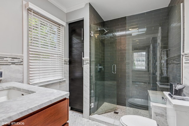 261 Woodstock Ave, Glen Ellyn, IL 60137 - full bath featuring tile walls, vanity, a stall shower, and crown molding