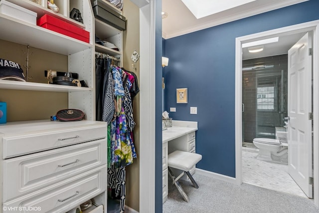 261 Woodstock Ave, Glen Ellyn, IL 60137 - bathroom with a stall shower, crown molding, vanity, and a skylight