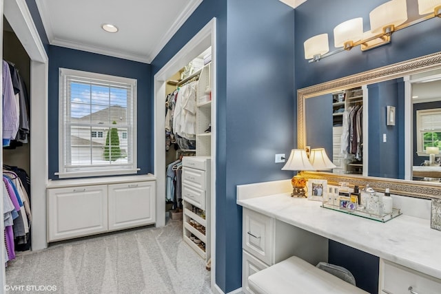 261 Woodstock Ave, Glen Ellyn, IL 60137 - bathroom with a spacious closet, crown molding, vanity, and recessed lighting
