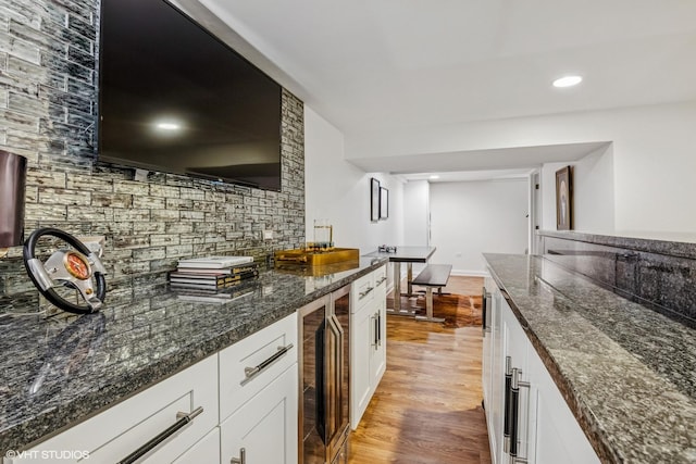 261 Woodstock Ave, Glen Ellyn, IL 60137 - kitchen with beverage cooler, white cabinets, dark stone countertops, and recessed lighting
