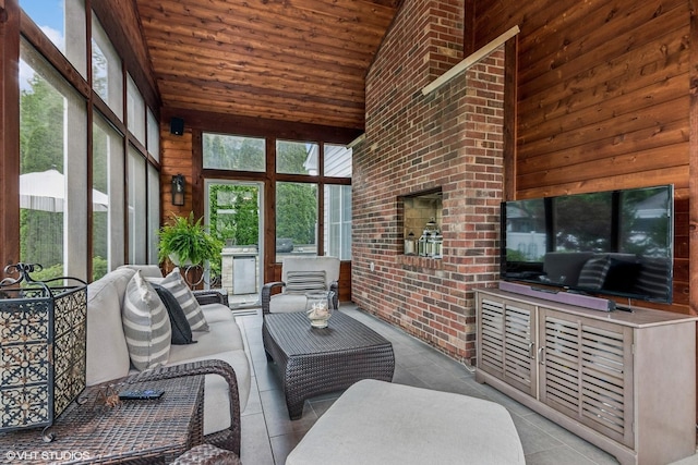 261 Woodstock Ave, Glen Ellyn, IL 60137 - sunroom / solarium featuring healthy amount of natural light, wood ceiling, high vaulted ceiling, outdoor lounge area, and wooden walls