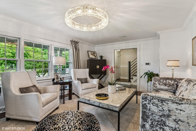 261 Woodstock Ave, Glen Ellyn, IL 60137 - living room with stairway, crown molding, and a chandelier