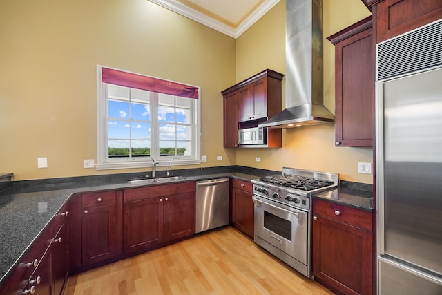 50 N Plum Grove Rd Unit 703E, Palatine, IL 60067 - kitchen with premium appliances, wall chimney range hood, crown molding, light wood-type flooring, and dark stone counters