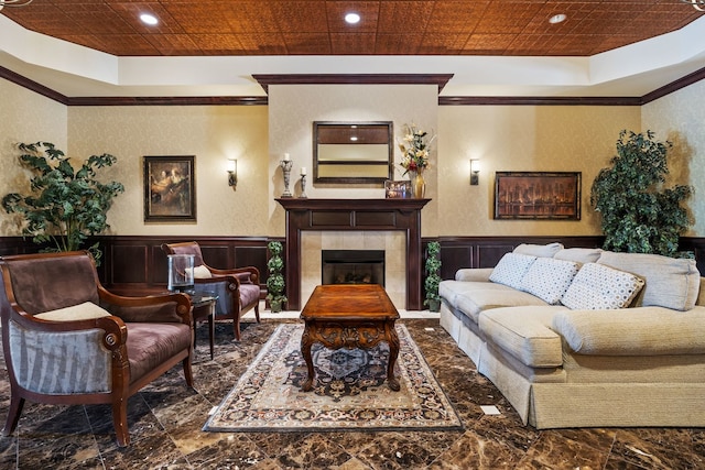 50 N Plum Grove Rd Unit 703E, Palatine, IL 60067 - living area featuring crown molding, recessed lighting, a wainscoted wall, a tiled fireplace, and a tray ceiling