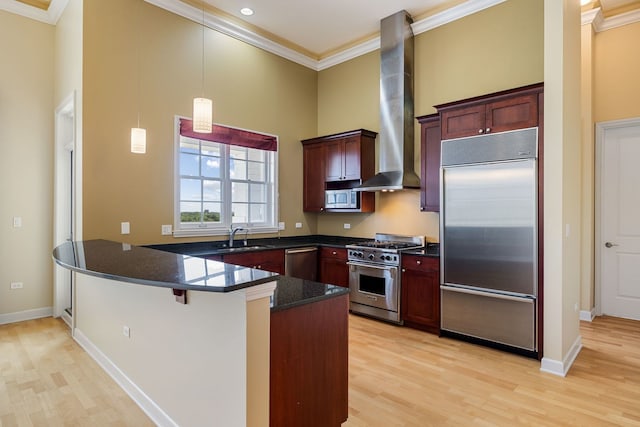 50 N Plum Grove Rd Unit 703E, Palatine, IL 60067 - kitchen with high quality appliances, wall chimney exhaust hood, crown molding, a peninsula, and light wood-style flooring
