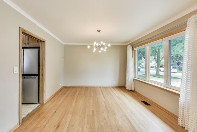 835 Tomawadee Ln, Park Ridge, IL 60068 - unfurnished dining area featuring light wood-style flooring, crown molding, and a chandelier