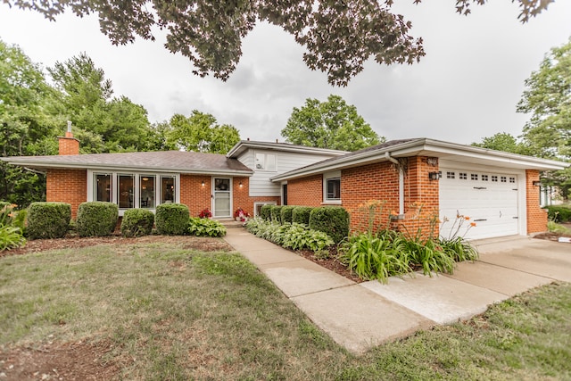 7613 Stratford Pl, Darien, IL 60561 - split level home featuring brick siding, a garage, a front lawn, driveway, and a chimney
