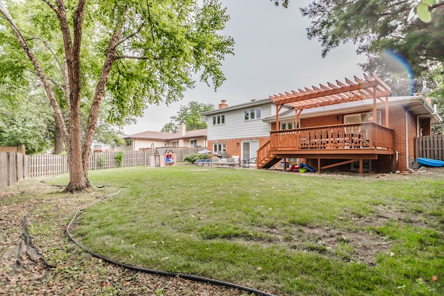 7613 Stratford Pl, Darien, IL 60561 - rear view of house featuring brick siding, a fenced backyard, a pergola, and a wooden deck