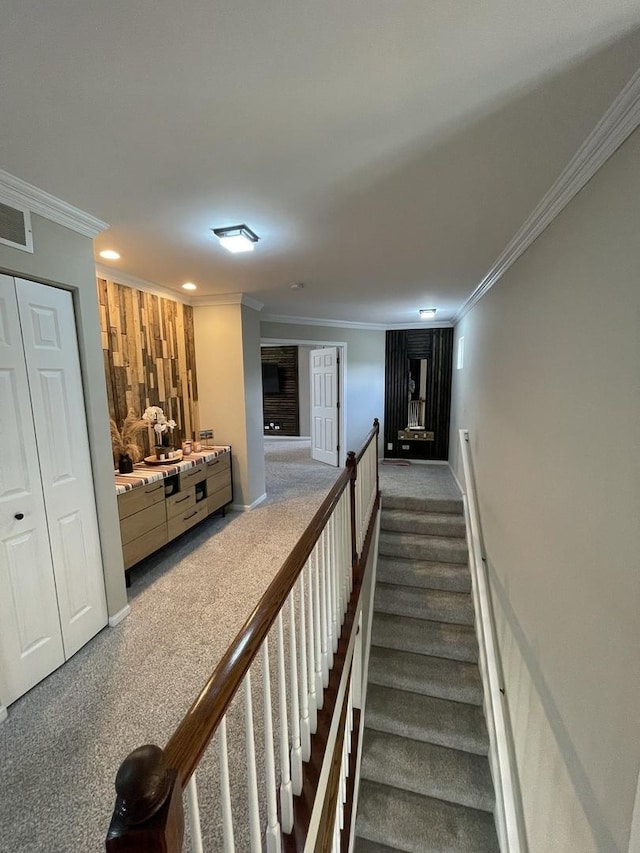 412 Merry Oaks Rd, Streamwood, IL 60107 - staircase featuring ornamental molding, carpet flooring, and recessed lighting