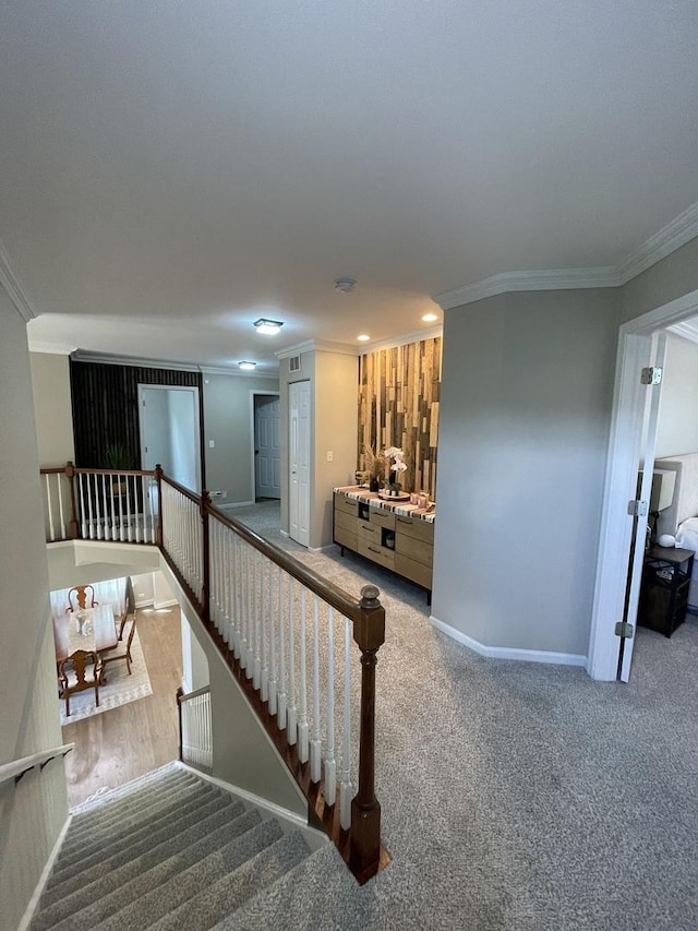 412 Merry Oaks Rd, Streamwood, IL 60107 - stairway featuring crown molding, carpet flooring, and recessed lighting