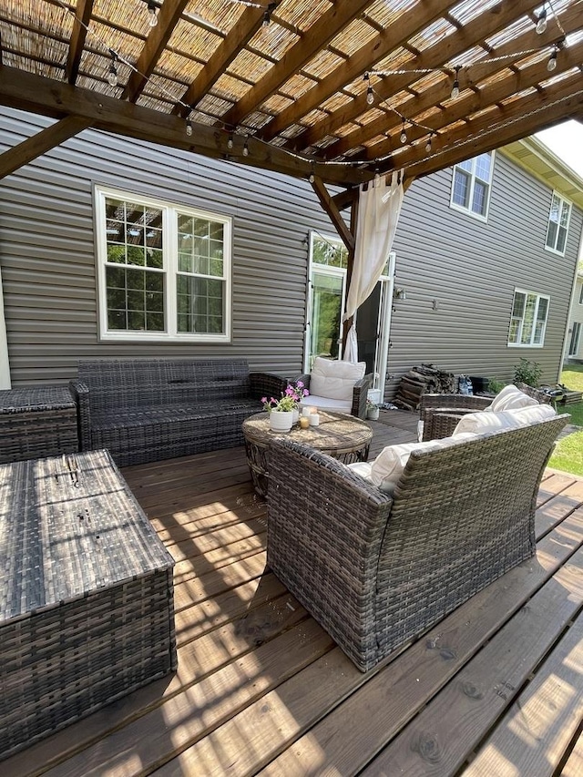 412 Merry Oaks Rd, Streamwood, IL 60107 - wooden deck with an outdoor hangout area and a pergola