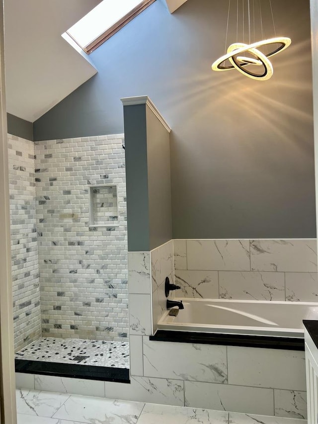 2472 Worthington Dr, Aurora, IL 60506 - full bathroom with marble look tiles, a garden tub, a tile shower, a chandelier, and vaulted ceiling