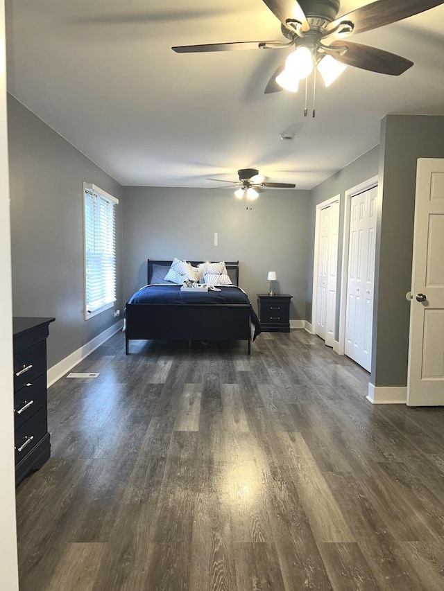 2472 Worthington Dr, Aurora, IL 60506 - bedroom with two closets, wood finished floors, and a ceiling fan