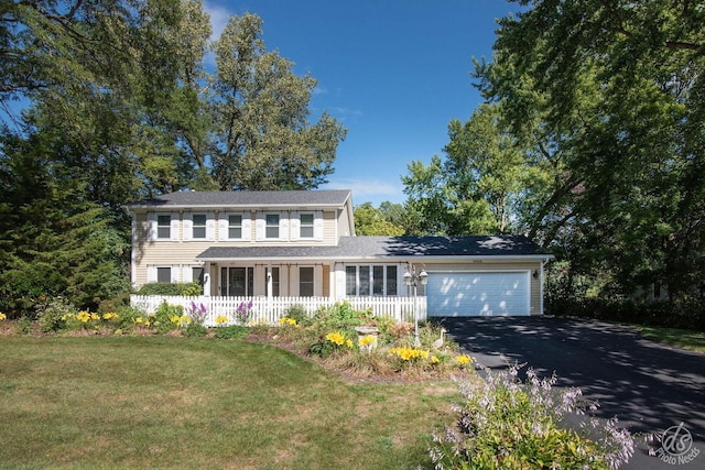 28426 W Lindbergh Dr, Barrington, IL 60010 - colonial-style house with covered porch, an attached garage, asphalt driveway, and a front yard