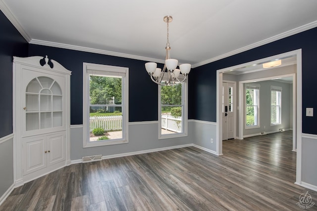 28426 W Lindbergh Dr, Barrington, IL 60010 - unfurnished dining area featuring dark wood-style floors, a chandelier, and crown molding