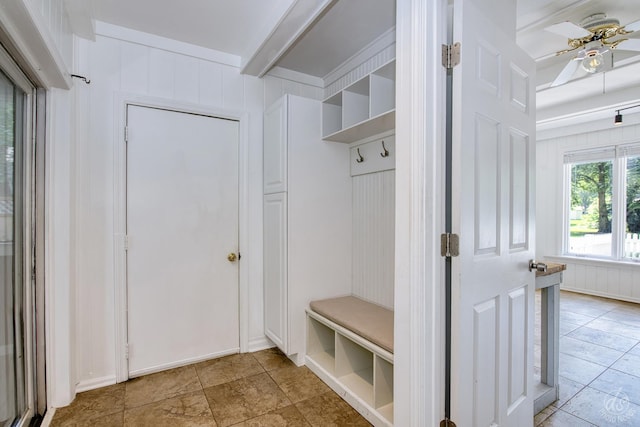 28426 W Lindbergh Dr, Barrington, IL 60010 - mudroom featuring ceiling fan, beamed ceiling, and light tile patterned floors
