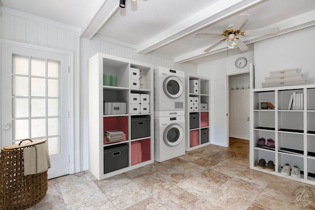 28426 W Lindbergh Dr, Barrington, IL 60010 - laundry room featuring estacked washer and dryer, ceiling fan, plenty of natural light, and stone finish floors