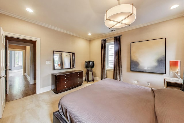 3822 N Claremont Ave, Chicago, IL 60618 - bedroom featuring multiple windows, crown molding, recessed lighting, and carpet flooring