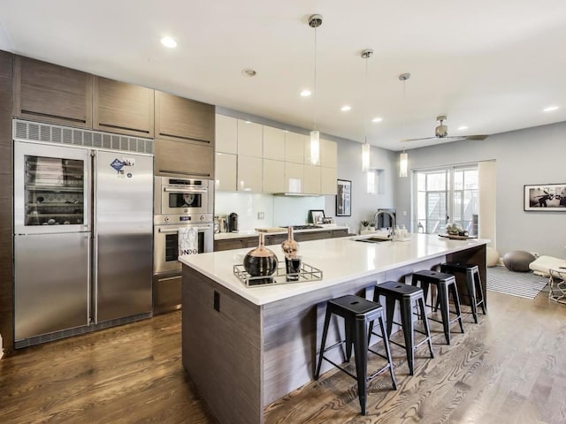3743 N Kenmore Ave Unit 1, Chicago, IL 60613 - kitchen with appliances with stainless steel finishes, dark wood-style flooring, a large island, a kitchen breakfast bar, and recessed lighting