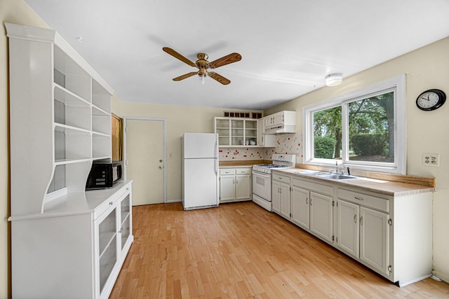 29W409 White Oak Dr, Warrenville, IL 60555 - kitchen featuring white appliances, open shelves, ceiling fan, light countertops, and light wood-style flooring