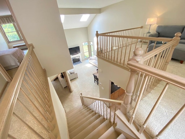 1920 Waverly Cir, Saint Charles, IL 60174 - staircase featuring carpet, high vaulted ceiling, and a skylight