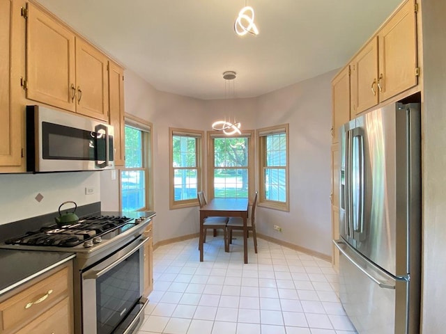 1920 Waverly Cir, Saint Charles, IL 60174 - kitchen with stainless steel appliances, light brown cabinetry, a chandelier, light tile patterned floors, and pendant lighting