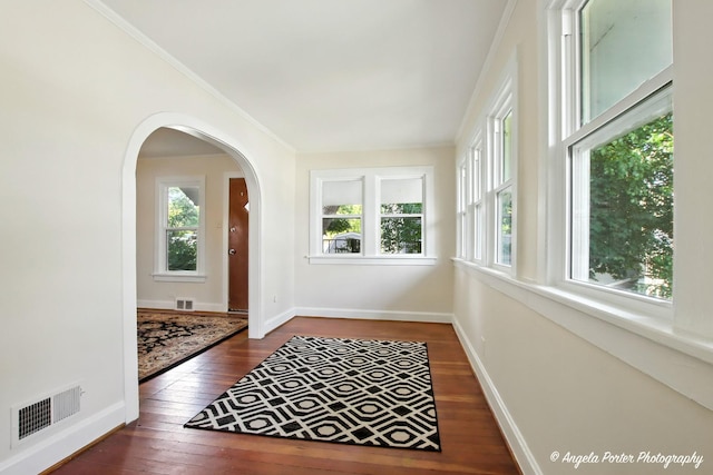 67 Wells St, Fox Lake, IL 60020 - entryway with dark wood-type flooring, arched walkways, and ornamental molding