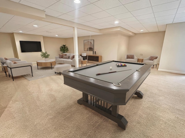 807 Wedgewood Ct, Lindenhurst, IL 60046 - game room featuring carpet flooring, a drop ceiling, pool table, and recessed lighting
