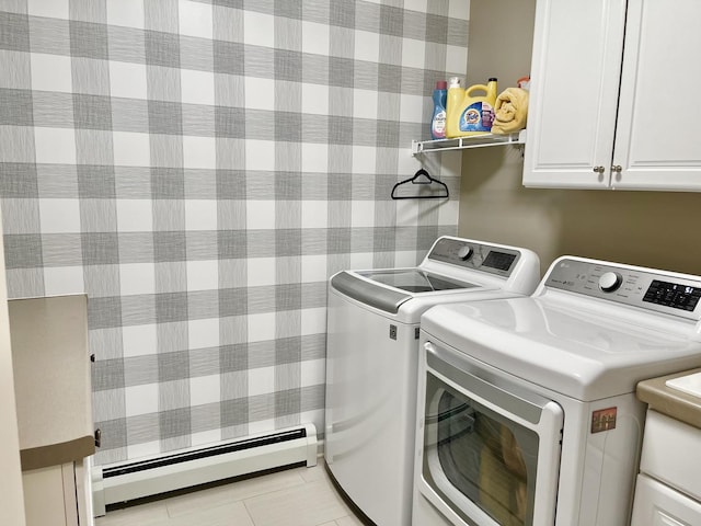 441 Highland Ave, Crystal Lake, IL 60014 - washroom featuring a baseboard radiator, washer and dryer, tile patterned flooring, and cabinet space