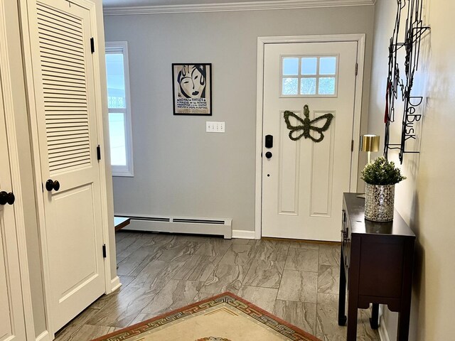 441 Highland Ave, Crystal Lake, IL 60014 - entryway featuring a baseboard heating unit, crown molding, marble finish floors, and plenty of natural light