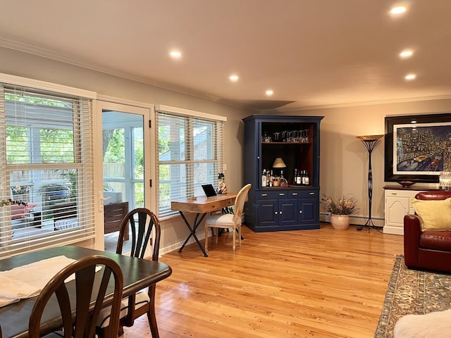 441 Highland Ave, Crystal Lake, IL 60014 - office with ornamental molding, light wood-style floors, recessed lighting, and a baseboard radiator