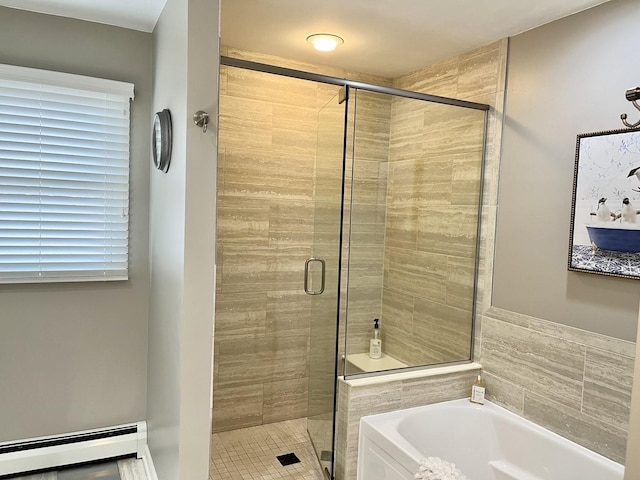 441 Highland Ave, Crystal Lake, IL 60014 - full bathroom with baseboard heating, a bath, and a stall shower