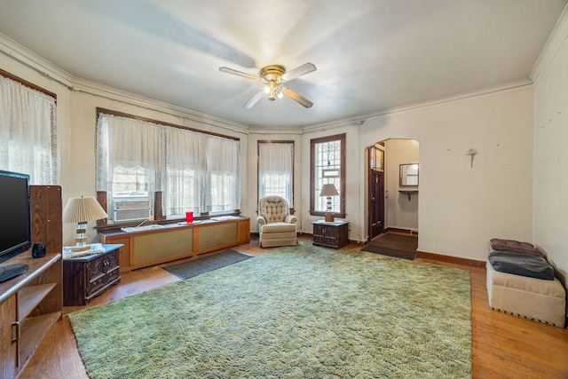 2955 N Lotus Ave, Chicago, IL 60641 - office area featuring ceiling fan, arched walkways, wood finished floors, ornamental molding, and cooling unit