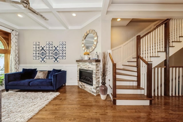 4456 S Berkeley Ave, Chicago, IL 60653 - living area with recessed lighting, wood finished floors, stairway, a wainscoted wall, and a fireplace