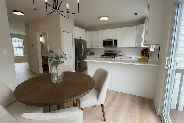 339 Terra Springs Cir Unit 339, Volo, IL 60020 - kitchen featuring appliances with stainless steel finishes, light countertops, light wood finished floors, backsplash, and a chandelier