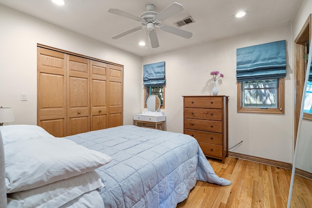 2222 Grey Ave, Evanston, IL 60201 - bedroom featuring light wood finished floors, recessed lighting, a closet, and a ceiling fan
