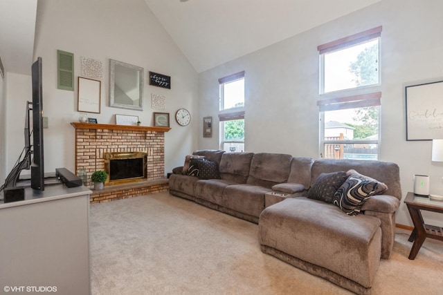 4705 Peacock Ln, Plainfield, IL 60586 - living area with high vaulted ceiling, light colored carpet, and a fireplace