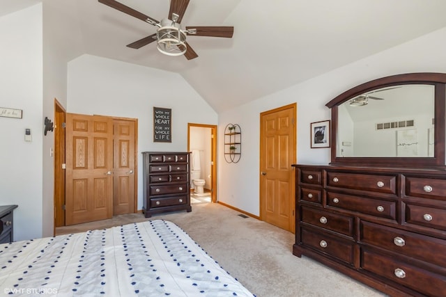4705 Peacock Ln, Plainfield, IL 60586 - bedroom featuring lofted ceiling, carpet floors, arched walkways, ensuite bathroom, and ceiling fan