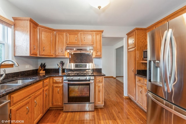 4705 Peacock Ln, Plainfield, IL 60586 - kitchen with appliances with stainless steel finishes, under cabinet range hood, light wood-style floors, dark stone counters, and brown cabinetry
