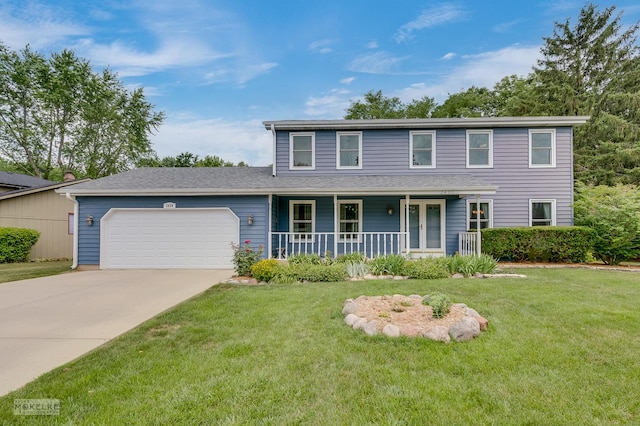 2430 Lakeside Dr, Aurora, IL 60504 - traditional-style house featuring a porch, an attached garage, a front lawn, and driveway