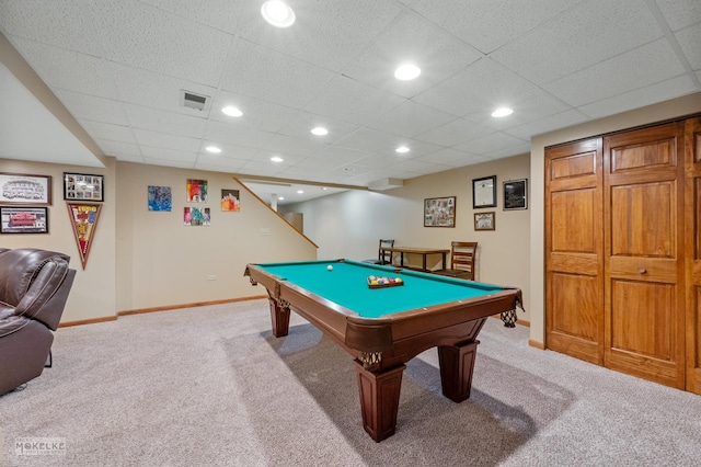 2430 Lakeside Dr, Aurora, IL 60504 - rec room with light colored carpet, pool table, a paneled ceiling, and recessed lighting